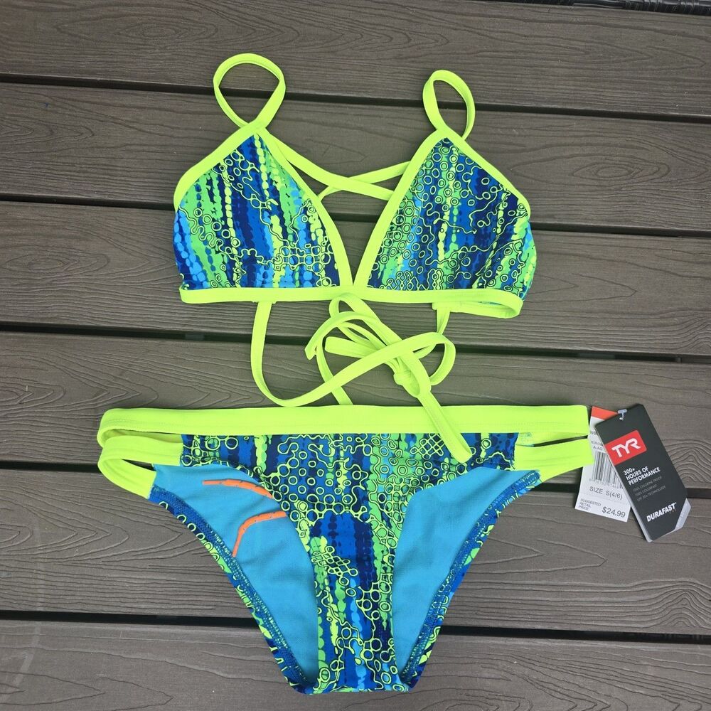 TYR Women Neon/blue Hiromi Triangle Tie Top W/cove Bikini Sz XS New Sample